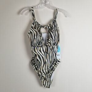 Simply Fit High Neck Ruched One Piece Swimsuit Bathing Suit Medium Zebra NWT